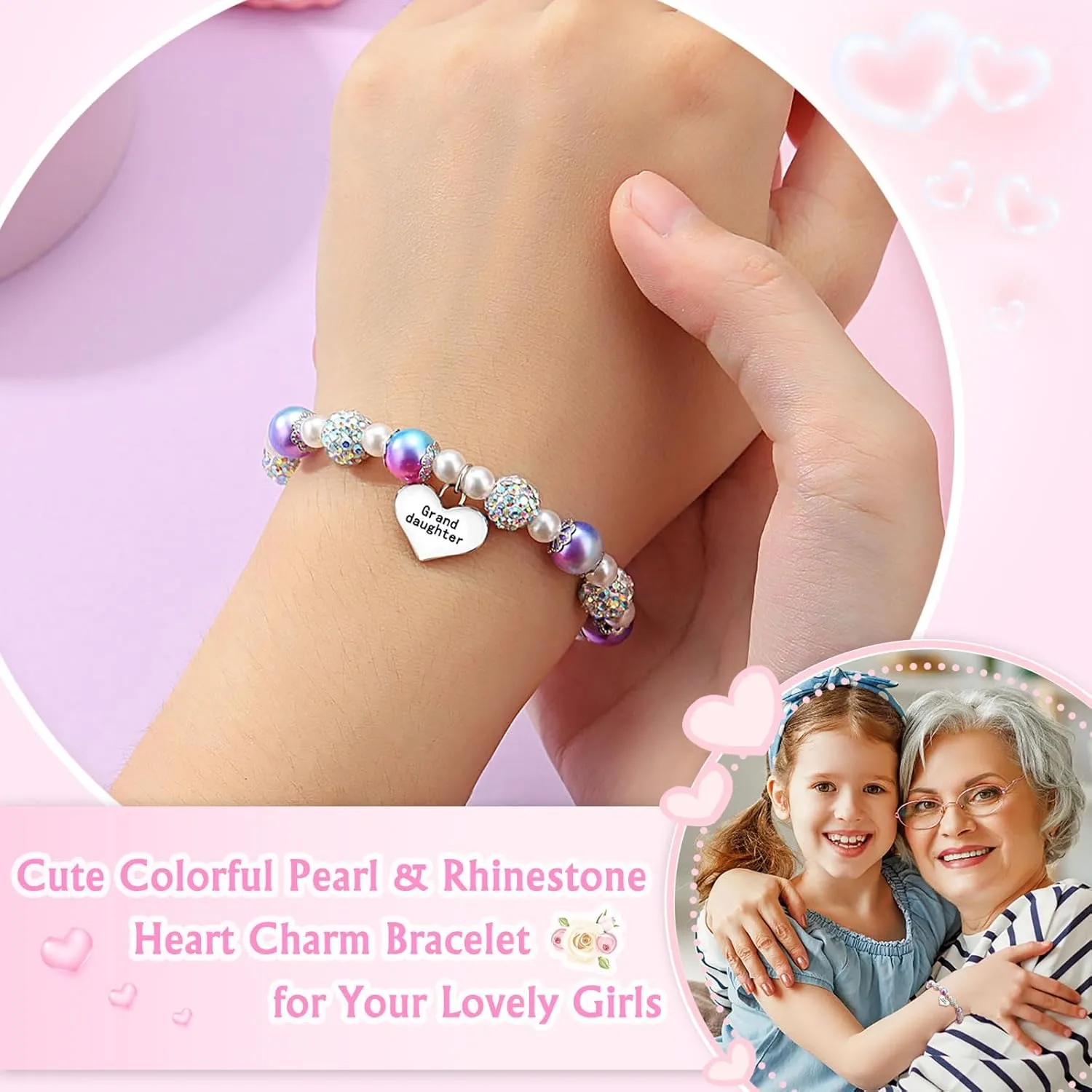 UNGENT THEM Pink Pearl and Rhinestone Bracelet for Granddaughter Daughter Niece Big Sister Birthday Christmas Easter Gifts