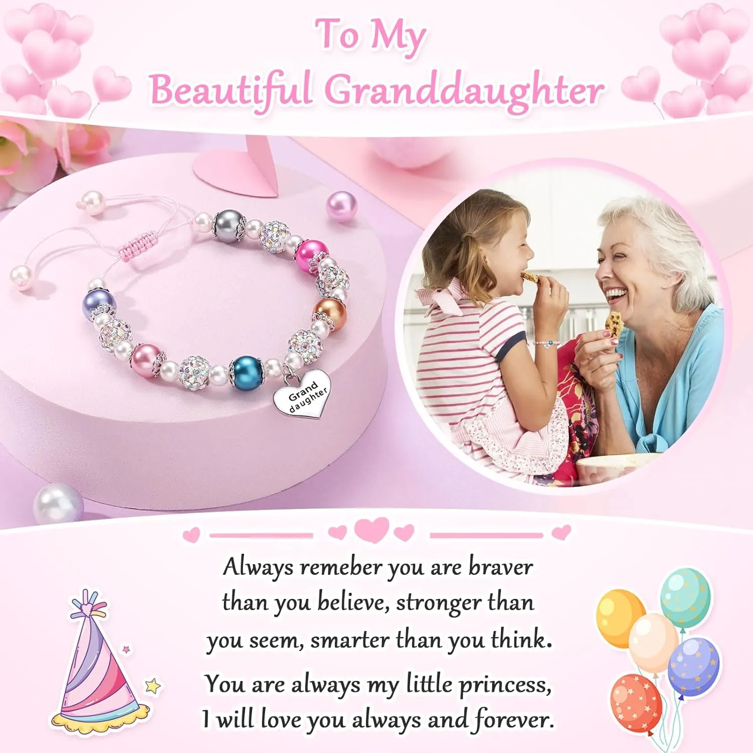 UNGENT THEM Pink Pearl and Rhinestone Bracelet for Granddaughter Daughter Niece Big Sister Birthday Christmas Easter Gifts