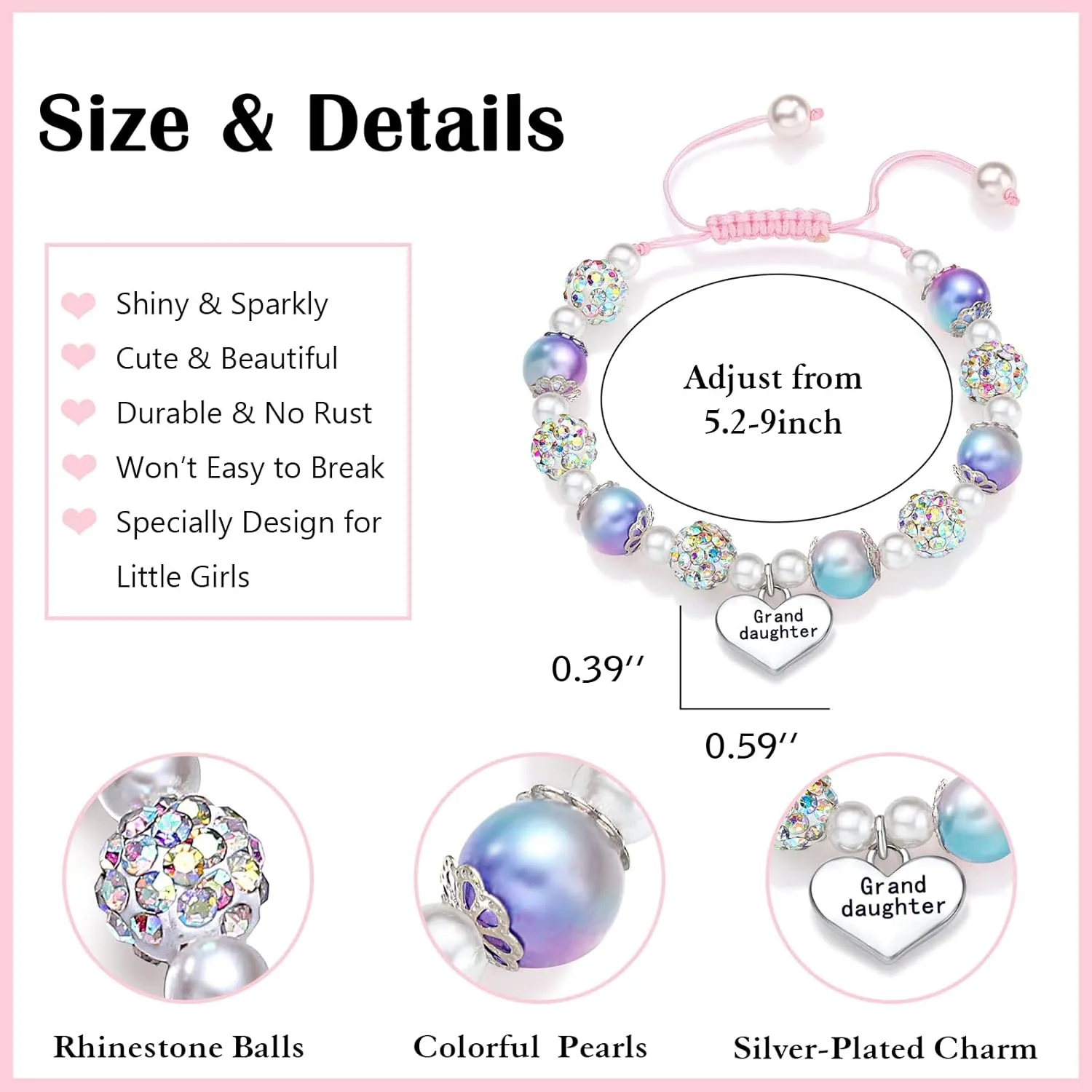 UNGENT THEM Pink Pearl and Rhinestone Bracelet for Granddaughter Daughter Niece Big Sister Birthday Christmas Easter Gifts