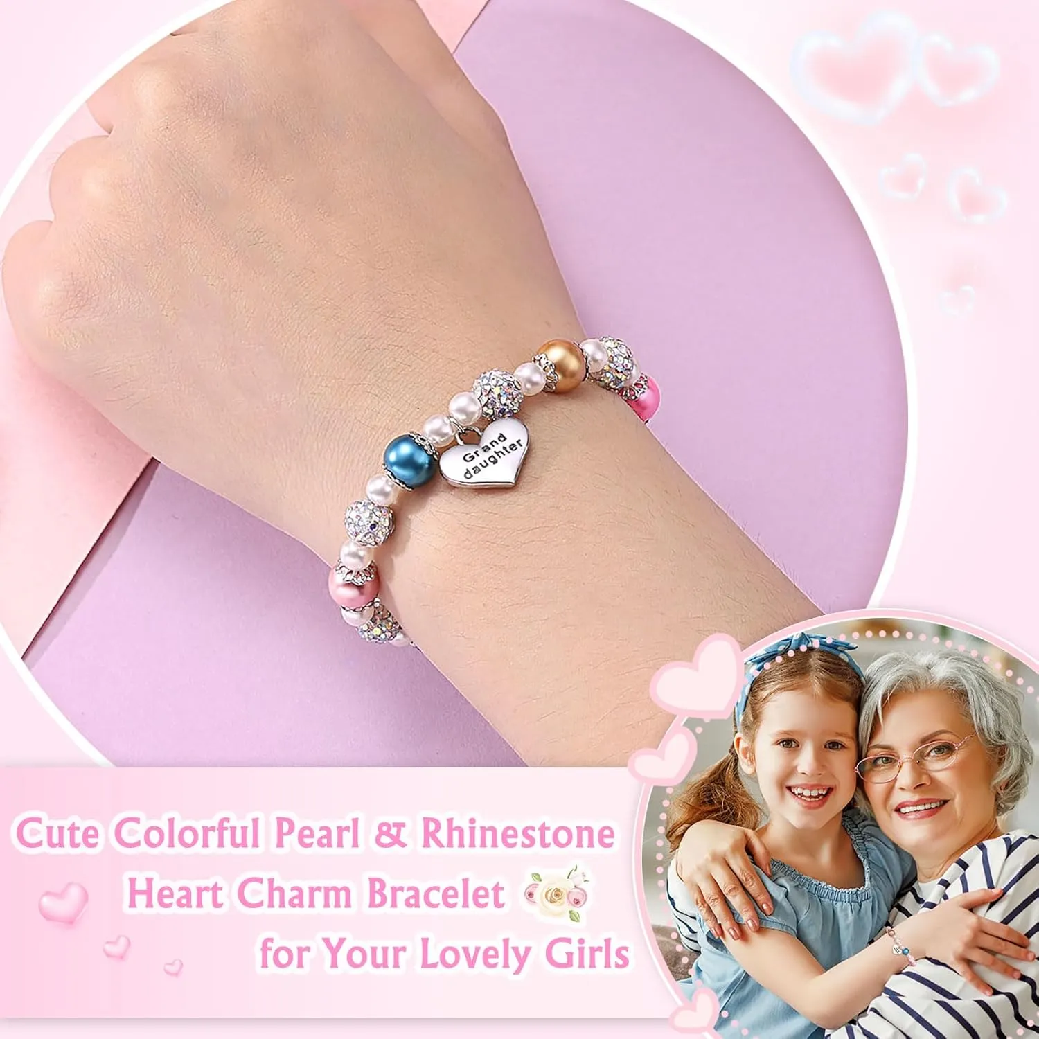 UNGENT THEM Pink Pearl and Rhinestone Bracelet for Granddaughter Daughter Niece Big Sister Birthday Christmas Easter Gifts