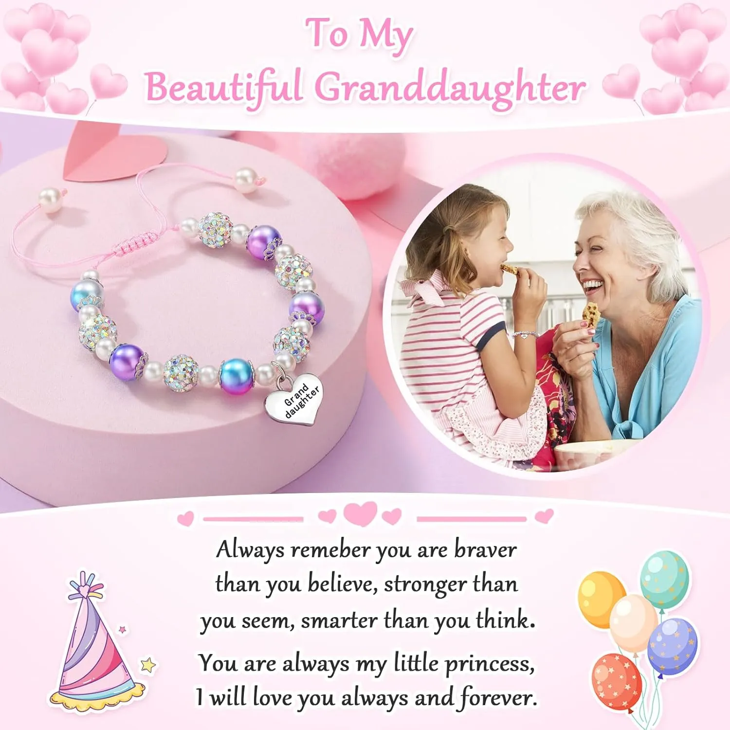 UNGENT THEM Pink Pearl and Rhinestone Bracelet for Granddaughter Daughter Niece Big Sister Birthday Christmas Easter Gifts