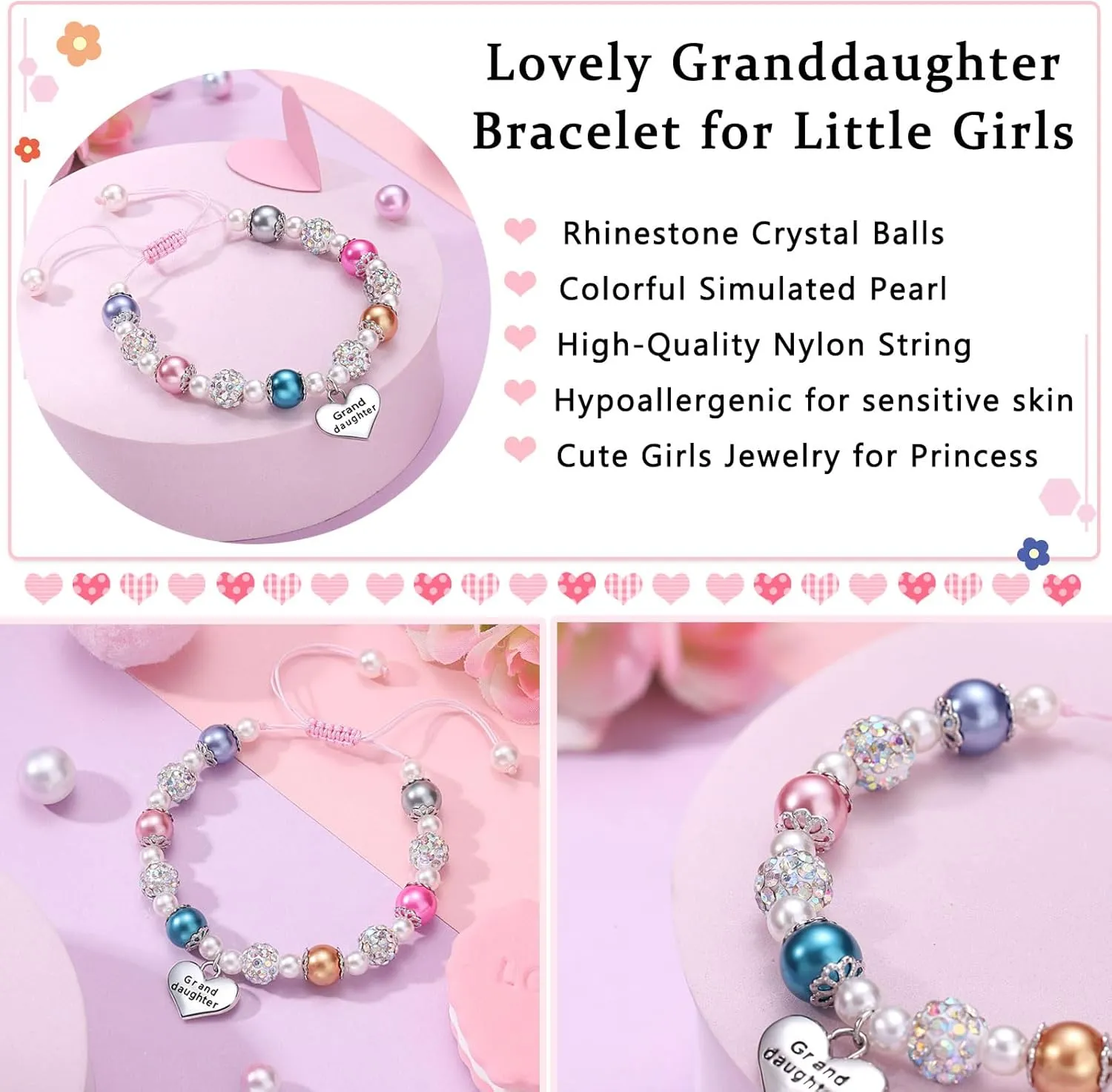 UNGENT THEM Pink Pearl and Rhinestone Bracelet for Granddaughter Daughter Niece Big Sister Birthday Christmas Easter Gifts