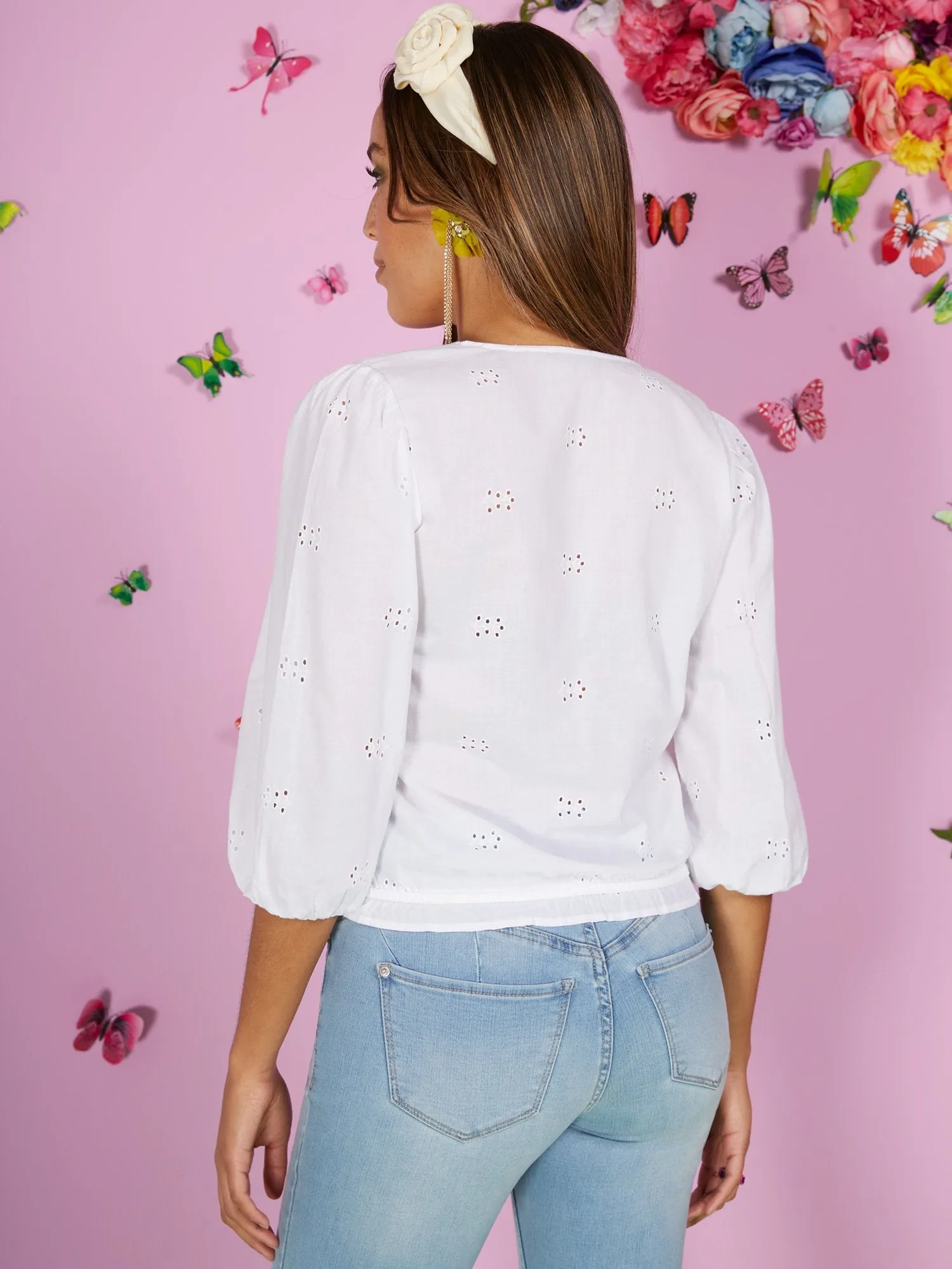 V-Neck 3/4-Sleeve Eyelet Top