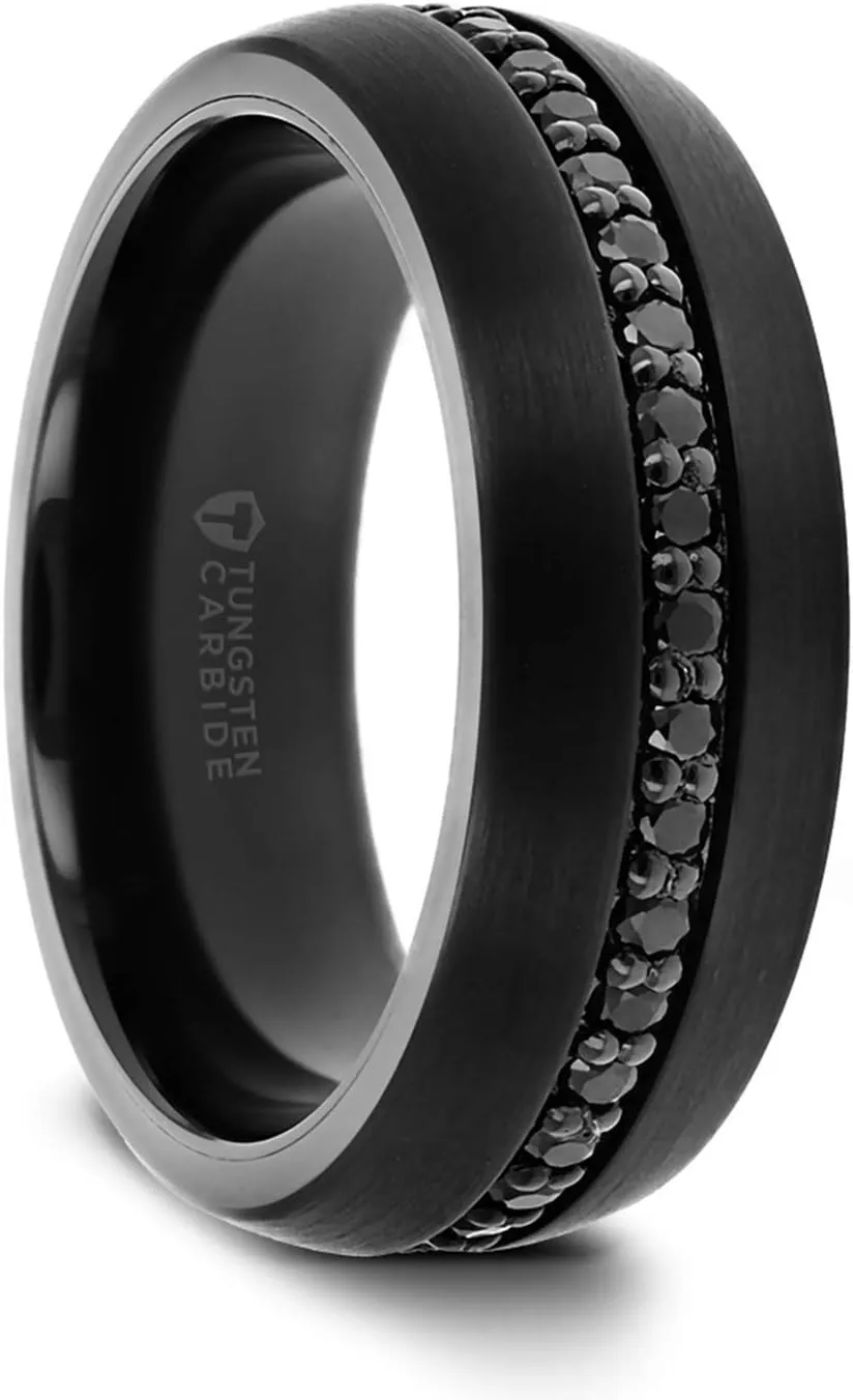 Valiant | Tungsten Ring | Black Tungsten | Comfort Fit | Wedding Band RIng with Genuine Black Sapphires - 8mm