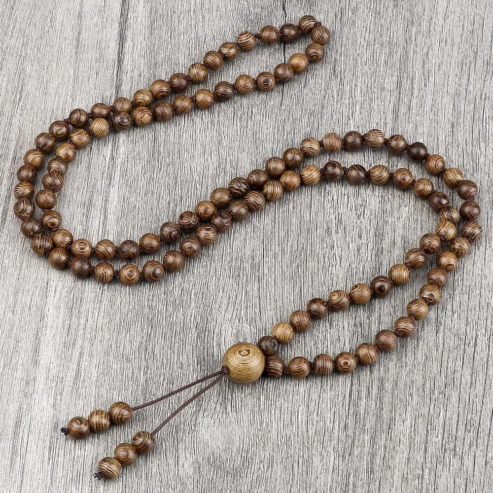 Vintage 108 Wooden Beads Bracelets 6mm Women Men Elastic Beaded Long Necklace Fashion Buddhist Prayer Yoga Jewelry Handmade Gift XM35H (Knotted)