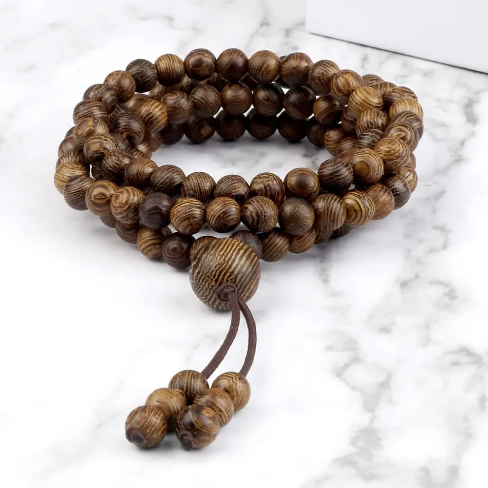 Vintage 108 Wooden Beads Bracelets 6mm Women Men Elastic Beaded Long Necklace Fashion Buddhist Prayer Yoga Jewelry Handmade Gift XM35H (Knotted)