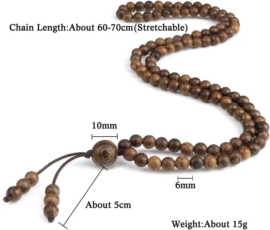 Vintage 108 Wooden Beads Bracelets 6mm Women Men Elastic Beaded Long Necklace Fashion Buddhist Prayer Yoga Jewelry Handmade Gift XM35H (Knotted)