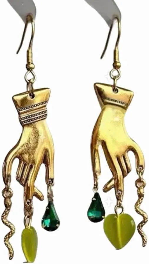 Vintage Gold Hand Dangle Earrings, Gothic punk style earrings,Green Crystal Drops, Gold Snake Dangle Earrings,A Striking Jewelry Gift Suitable for Women, Mother's Day Gift
