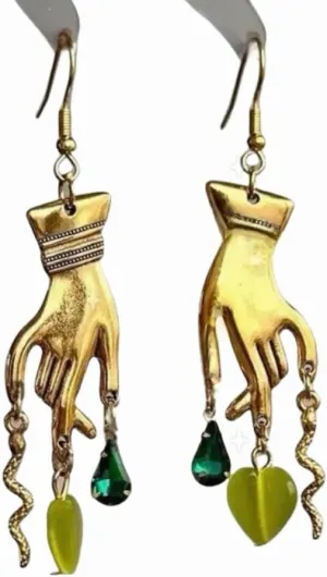Vintage Gold Hand Dangle Earrings, Gothic punk style earrings,Green Crystal Drops, Gold Snake Dangle Earrings,A Striking Jewelry Gift Suitable for Women, Mother's Day Gift