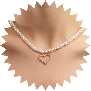 Vintage Heart Pearl Choker Necklace Crystal Love Heart Pendant Necklace Gold Cz Heart Pearl Necklace White Pearl Collar Necklace Hollow Heart Necklace Chain Jewelry for Women