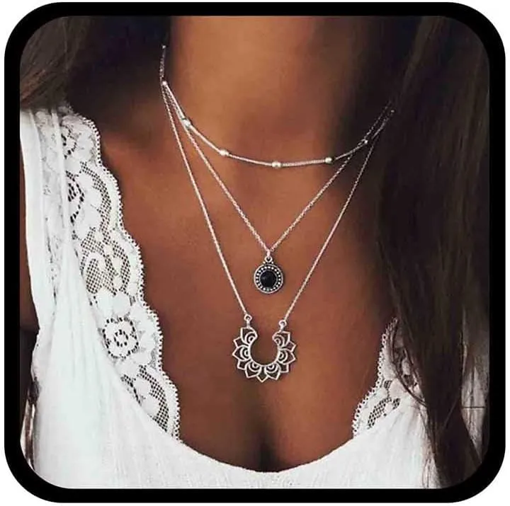 Vintage Layered Lotus Necklace Silver Onyx Choker Lotus Flower Pendent Necklace Hollow Floral Faux Onyx Chain Jewelry for Women