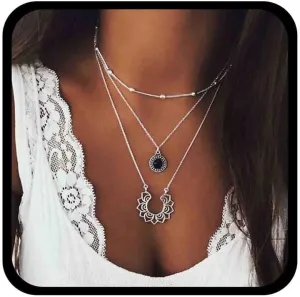 Vintage Layered Lotus Necklace Silver Onyx Choker Lotus Flower Pendent Necklace Hollow Floral Faux Onyx Chain Jewelry for Women