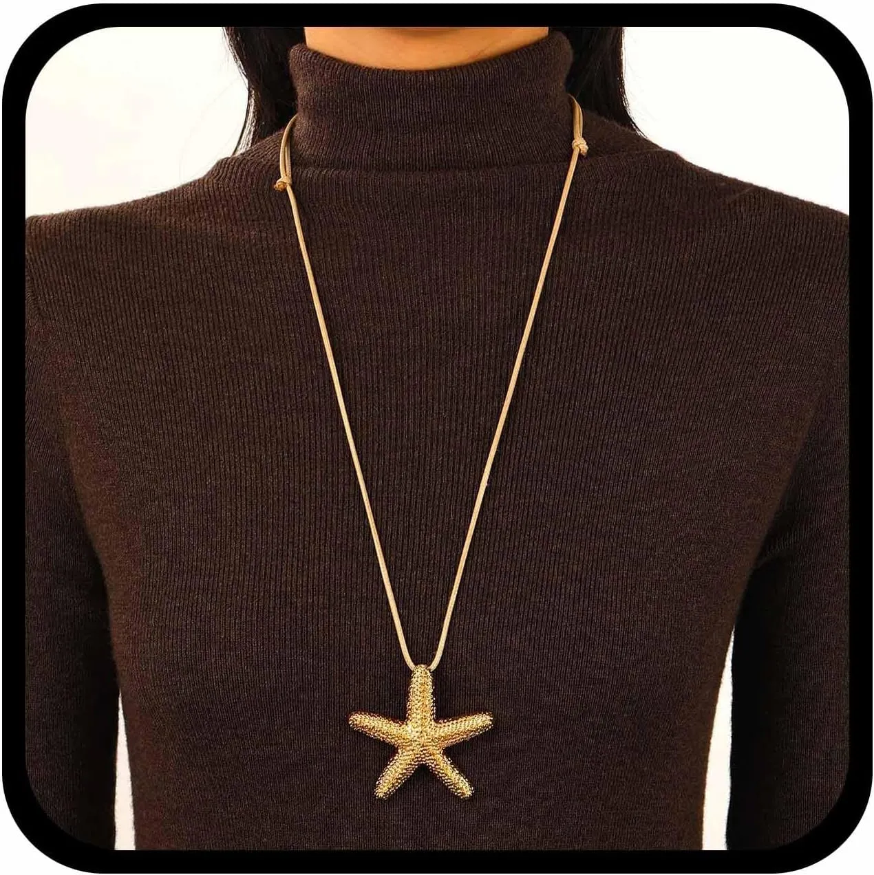Vintage Long Starfish Pendent Necklace Gold Starfish Necklace Chain Starfish Rope Necklace Large Starfish Chain Necklace Brown Wax Rope Necklace Jewelry for Women