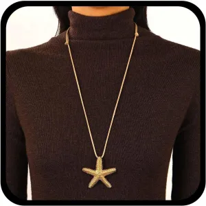 Vintage Long Starfish Pendent Necklace Gold Starfish Necklace Chain Starfish Rope Necklace Large Starfish Chain Necklace Brown Wax Rope Necklace Jewelry for Women