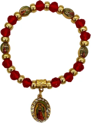 Virgen De Guadalupe Red Rosary Beaded Bracelet Recuerdos de Bautizo Primera Comunion, Our Lady of Guadalupe Party Favor - 12 PCS