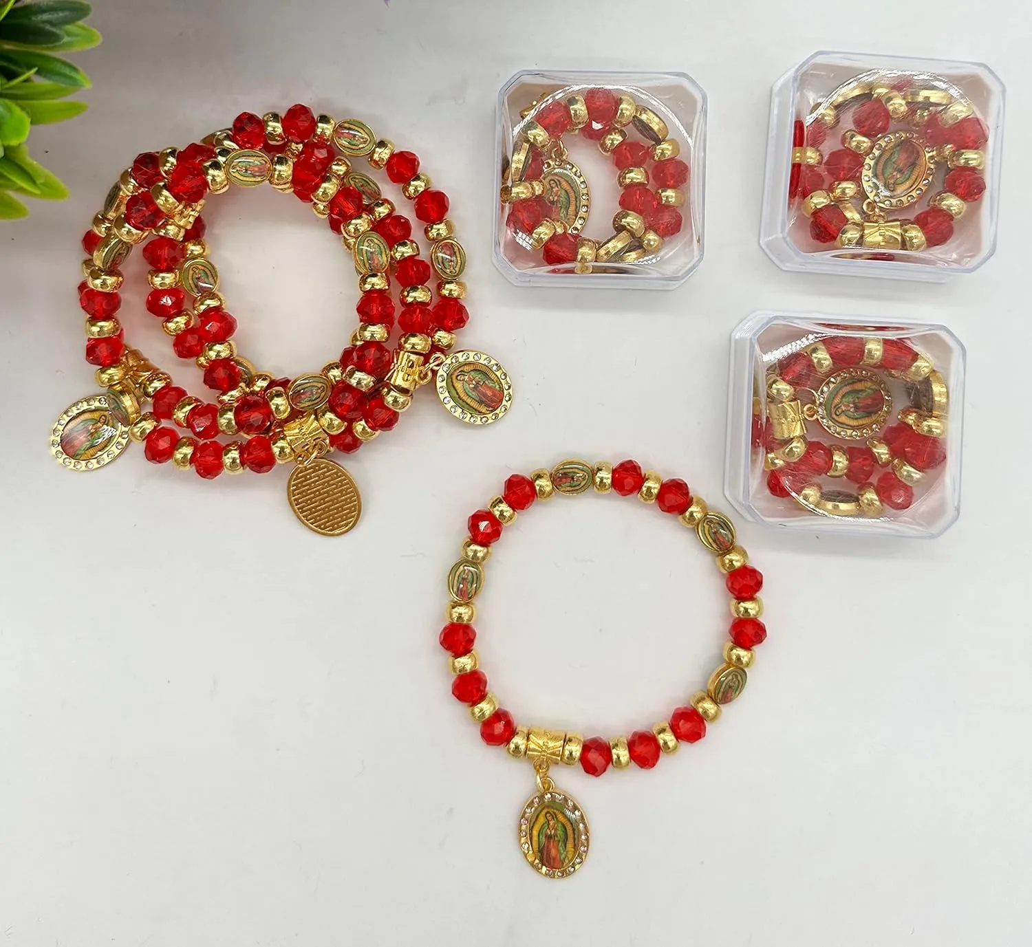 Virgen De Guadalupe Red Rosary Beaded Bracelet Recuerdos de Bautizo Primera Comunion, Our Lady of Guadalupe Party Favor - 12 PCS