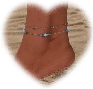 W WEILIRIAN Bohemian Layered Blue Bead Anklet for Women Round Bead Ankle Bracelets Vintage Station Ball Anklets Silver Ball Anklets Chain Bracelet Summer Beach Foot Ankle Chain Jewelry