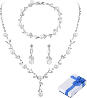 Wedding Silver Jewelry Set for Women Cubic Zirconia Necklace Earrings Bracelet Sets for Bride Wedding Costume Jewelry for Bridesmaid