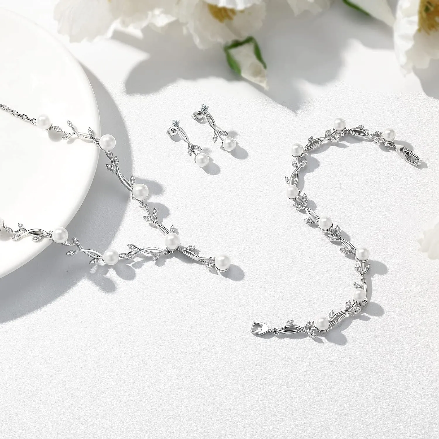Wedding Silver Jewelry Set for Women Cubic Zirconia Necklace Earrings Bracelet Sets for Bride Wedding Costume Jewelry for Bridesmaid