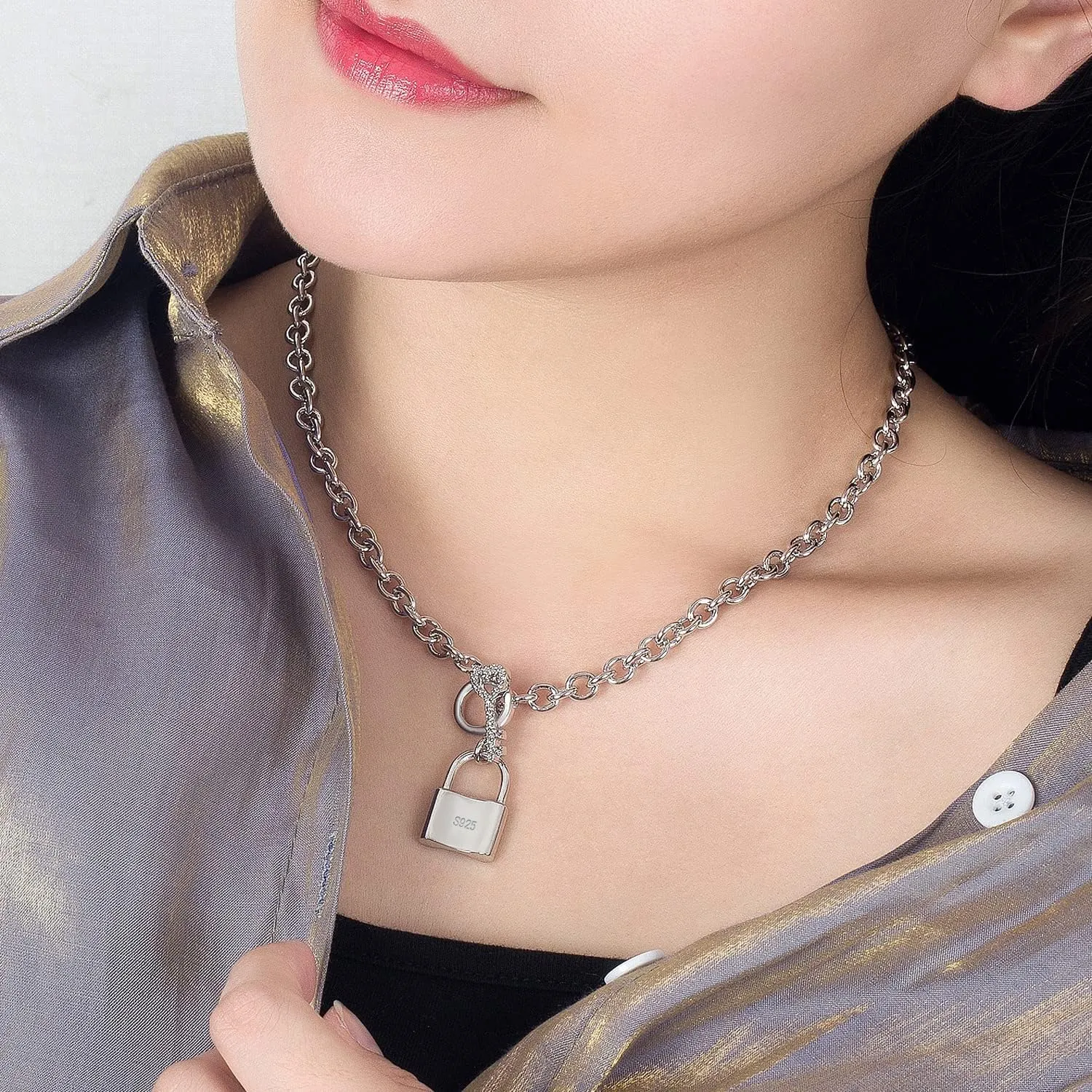 Women 925 Sterling Silver Key Lock Pendant Necklace Fashion Solid Silver Rolo Chain Charm Choker Accessories Fine Jewelry Gift