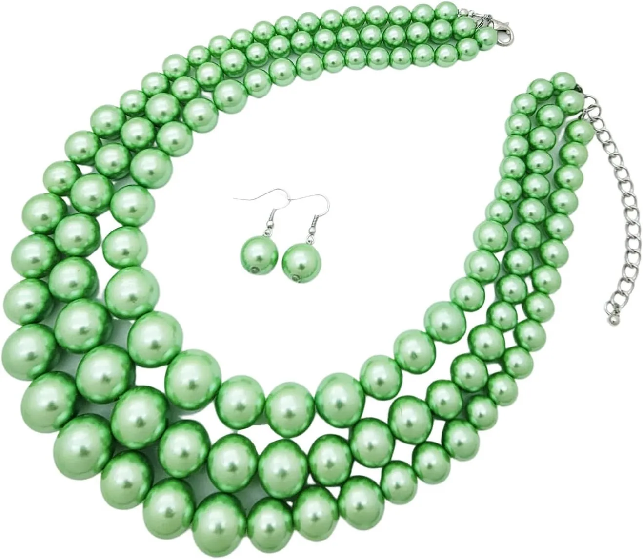 Women's Faux Pearl Three Multi-Strand Statement Necklace and Earrings Set