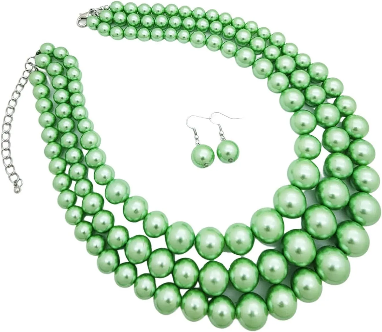 Women's Faux Pearl Three Multi-Strand Statement Necklace and Earrings Set