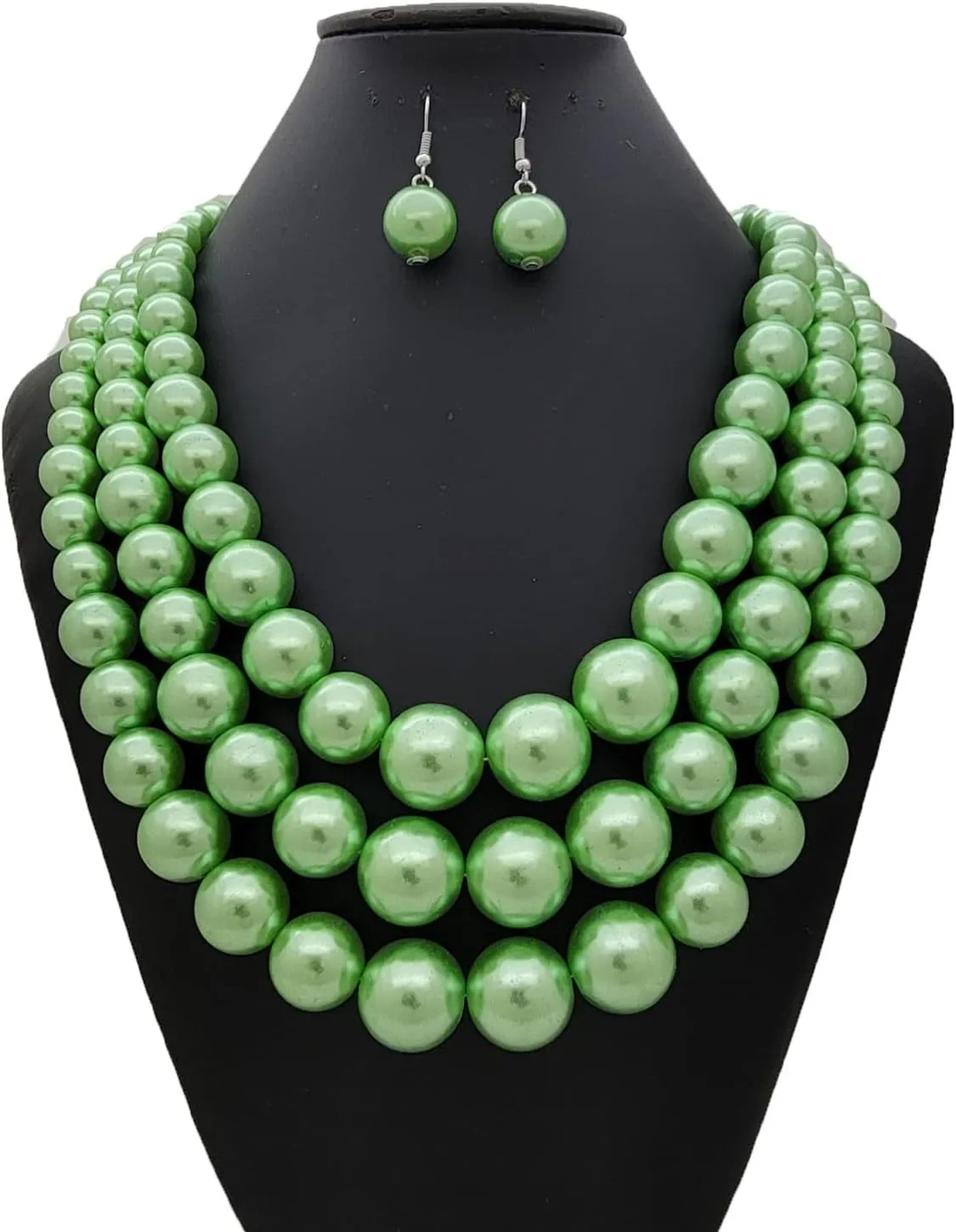 Women's Faux Pearl Three Multi-Strand Statement Necklace and Earrings Set