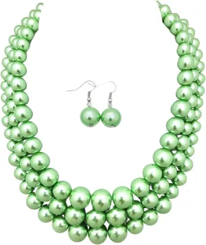 Women's Faux Pearl Three Multi-Strand Statement Necklace and Earrings Set