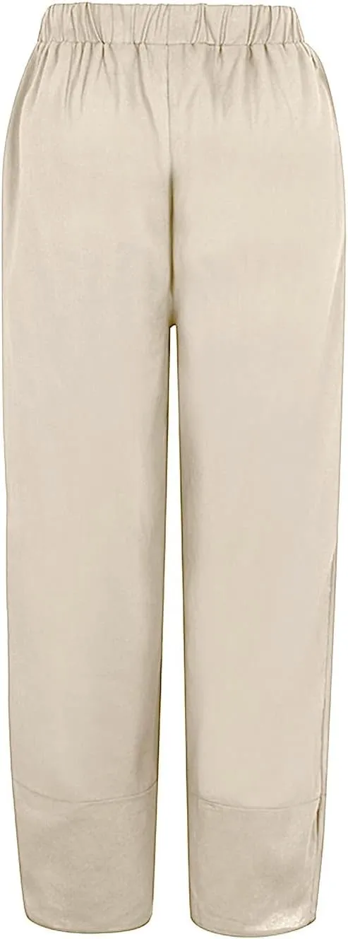 Womens Linen Blend Summer Baggy Pant Trousers Low Waist Wide Leg Plus Size Palazzo Pants Beach