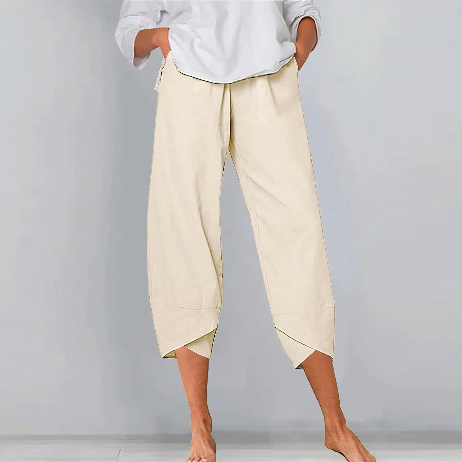Womens Linen Blend Summer Baggy Pant Trousers Low Waist Wide Leg Plus Size Palazzo Pants Beach