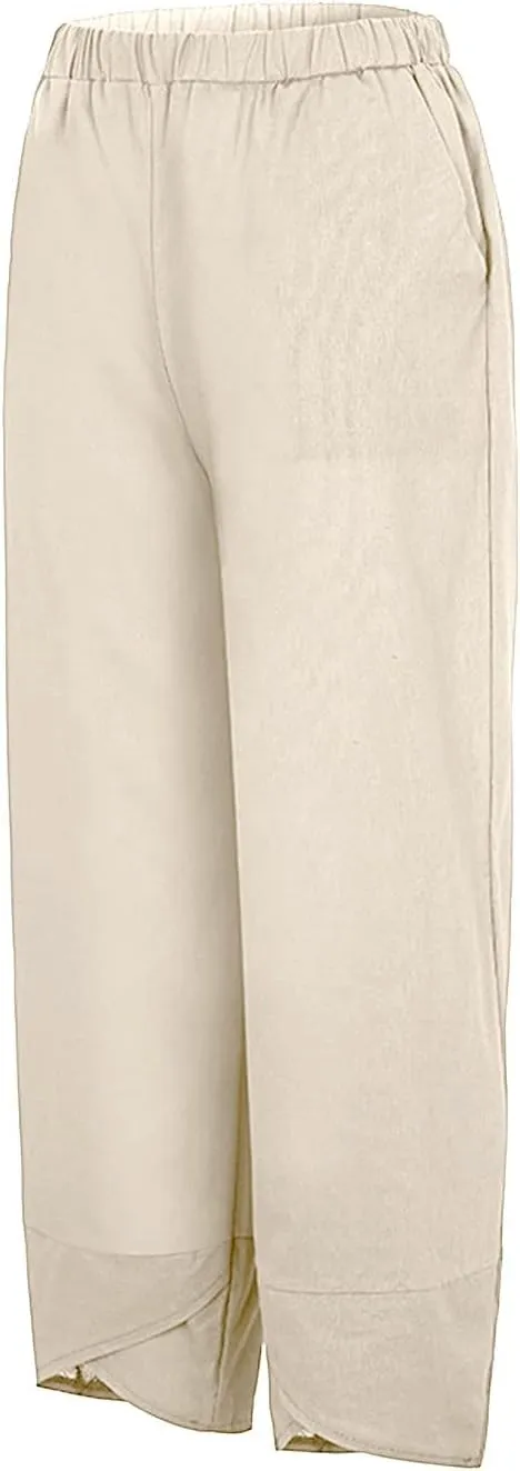 Womens Linen Blend Summer Baggy Pant Trousers Low Waist Wide Leg Plus Size Palazzo Pants Beach