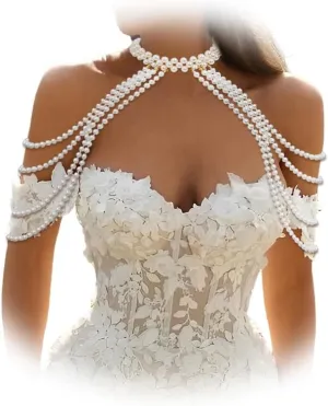Women's Multi-layered Pearl Shoulder Body Chain Pearl Necklace Bridal Wedding Shoulder Arm Body Jewelry for Wedding Festival Rave Party Shoulder Chain
