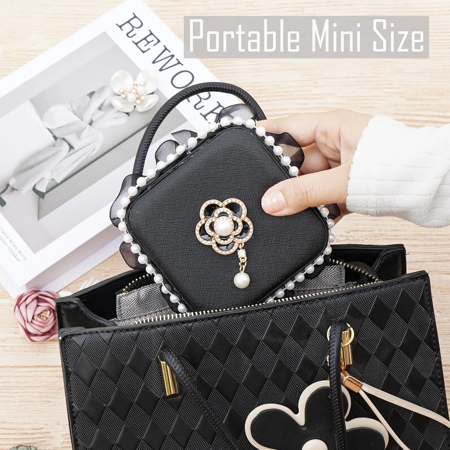 Wonhibo Cute Travel Small Jewelry Case Box with Mirror for Girls Women,Flower Black Mini Necklace Ring Earrings Organizer with Lace
