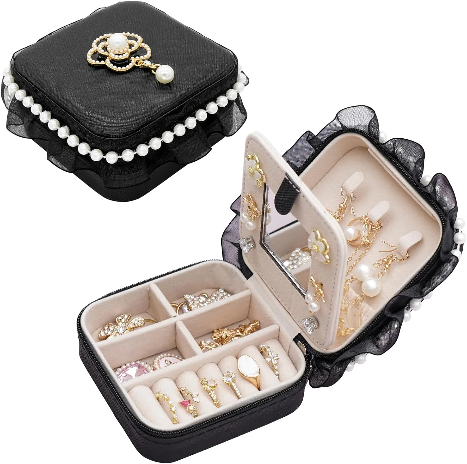 Wonhibo Cute Travel Small Jewelry Case Box with Mirror for Girls Women,Flower Black Mini Necklace Ring Earrings Organizer with Lace