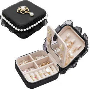 Wonhibo Cute Travel Small Jewelry Case Box with Mirror for Girls Women,Flower Black Mini Necklace Ring Earrings Organizer with Lace