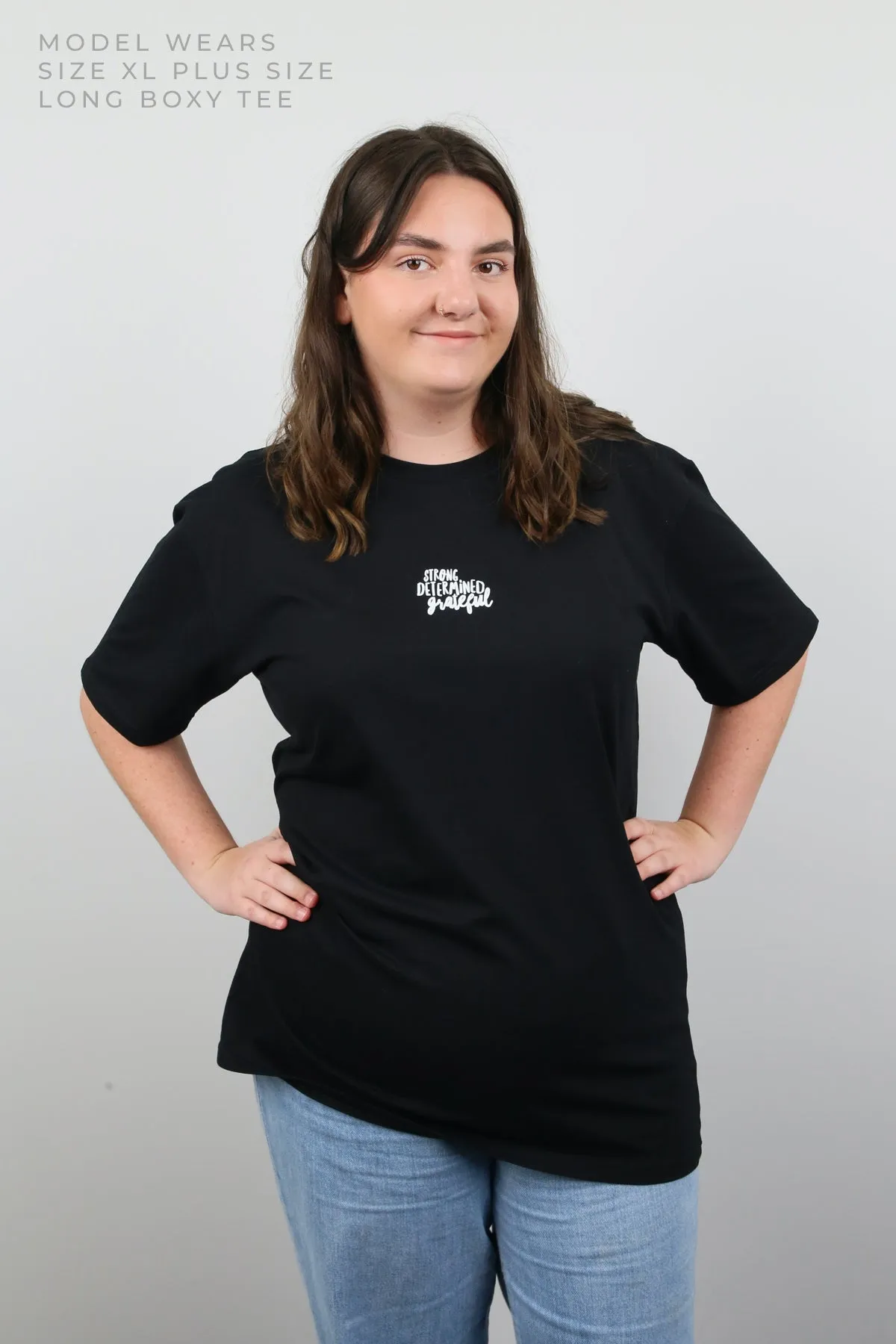WORTHY BEAUTIFUL BRAVE  - Plus Size Long Boxy Tee - Black with White Print