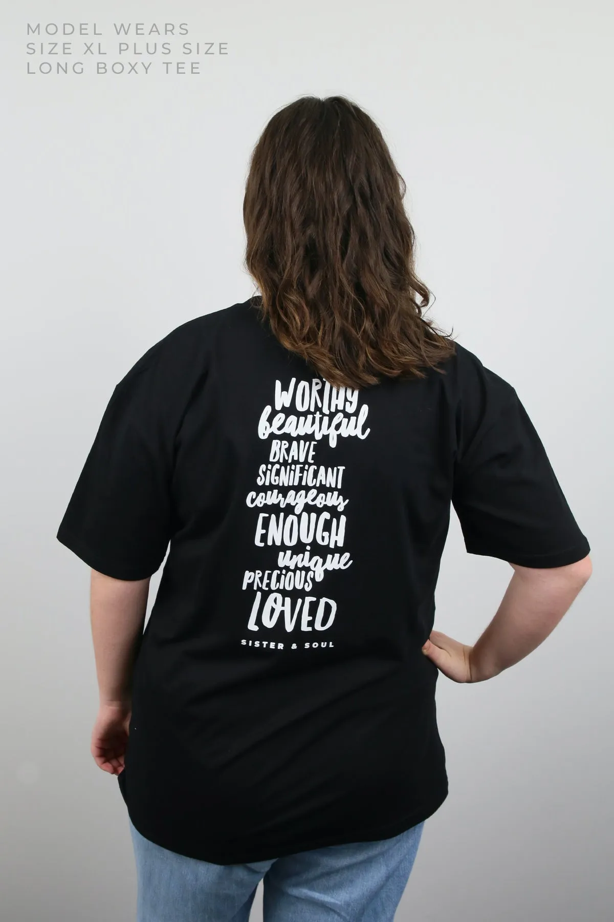 WORTHY BEAUTIFUL BRAVE  - Plus Size Long Boxy Tee - Black with White Print