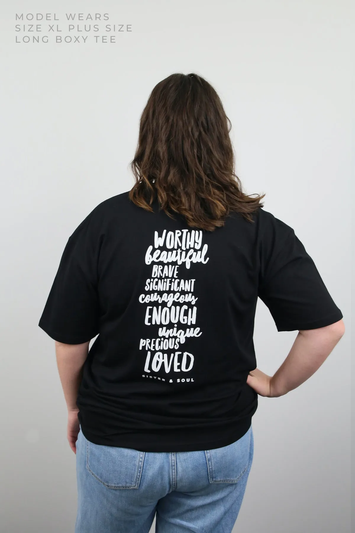 WORTHY BEAUTIFUL BRAVE  - Plus Size Long Boxy Tee - Black with White Print