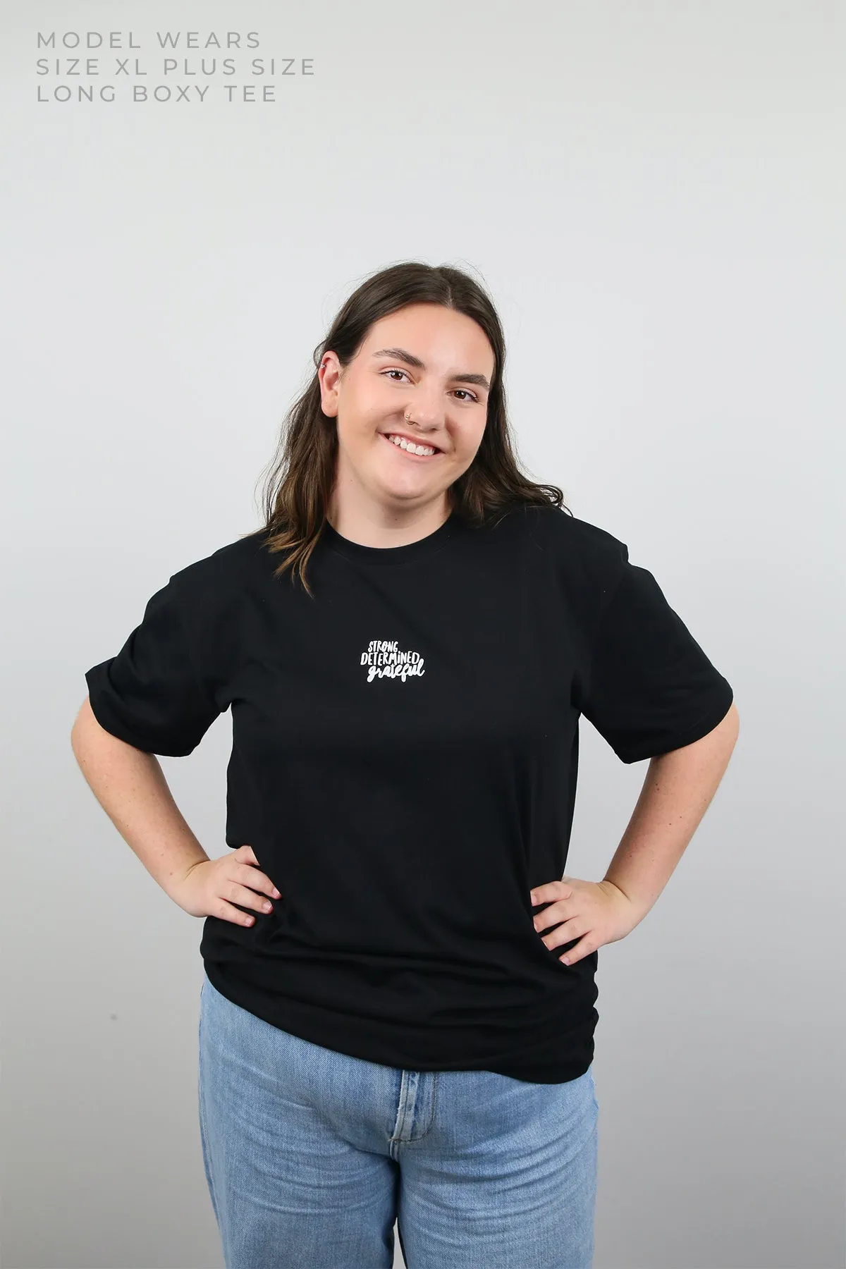 WORTHY BEAUTIFUL BRAVE  - Plus Size Long Boxy Tee - Black with White Print