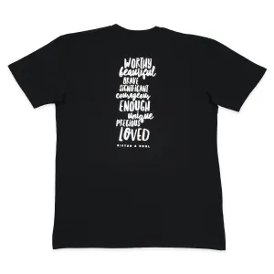 WORTHY BEAUTIFUL BRAVE  - Plus Size Long Boxy Tee - Black with White Print