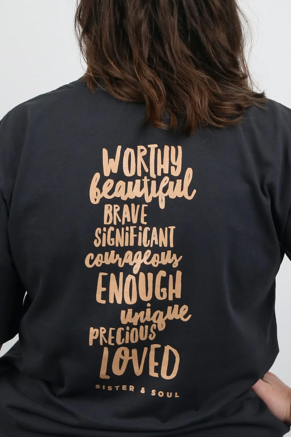 WORTHY BEAUTIFUL BRAVE - Washed Black Heavy Tee - Caramel Print
