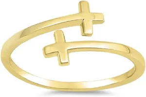 Yellow Gold-Tone Plated Sterling Silver Double Sideways Cross Plain Adjustable Ring
