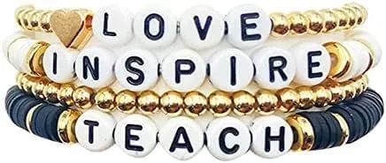 YIYUGEY Colorful Teachers' Day Bracelet Polymer Clay Bracelet Love Teaching Inspired Stretch Letter Bracelet Bohemian Handmade Beaded Bracelet Teacher Surprise Friendship for Women