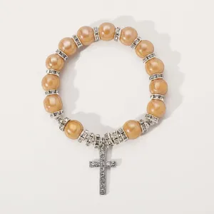 YIYUGEY Glass Beads Stretch Cross Pendant Bracelet Charm Catholic First Eucharist Confirmation Surprise Religious Baptism Bohemian Natural Stone Beaded Bracelet Fashion Jewelry for Women