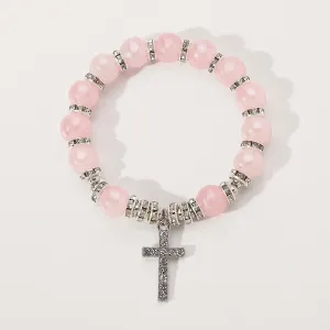 YIYUGEY Glass Beads Stretch Cross Pendant Bracelet Charm Catholic First Eucharist Confirmation Surprise Religious Baptism Bohemian Natural Stone Beaded Bracelet Fashion Jewelry for Women