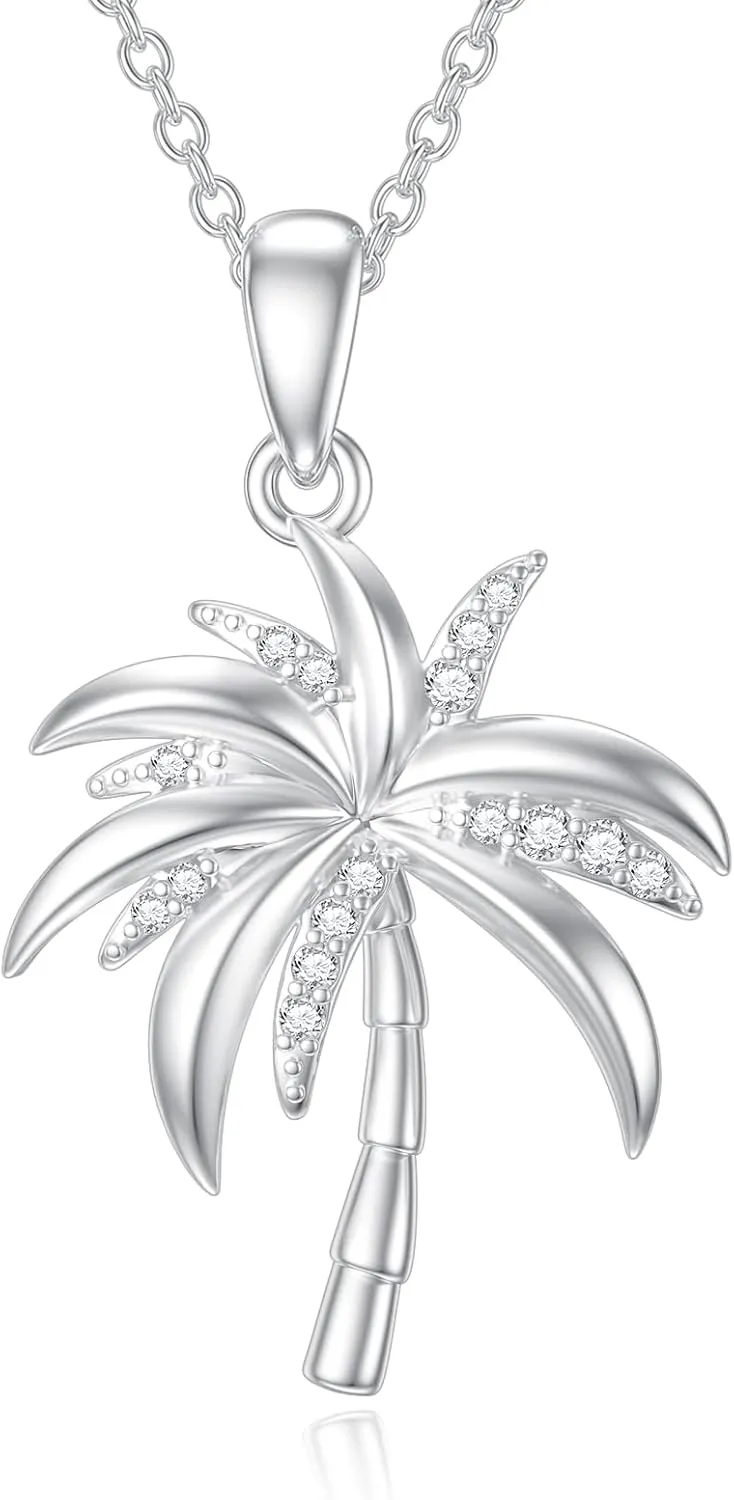ZBA Natural Diamond Palm Tree Necklace for Women, Sterling Silver/10K/14K Solid Gold Diamond Palm Tree Pendant Necklace Hawaii Vacation Jewelry Birthday Mothers Day Gifts (Color F-G/Clarity I1-I2)