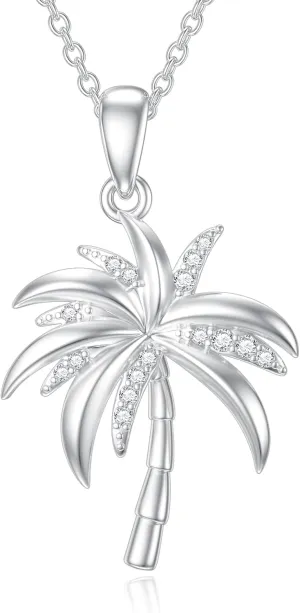 ZBA Natural Diamond Palm Tree Necklace for Women, Sterling Silver/10K/14K Solid Gold Diamond Palm Tree Pendant Necklace Hawaii Vacation Jewelry Birthday Mothers Day Gifts (Color F-G/Clarity I1-I2)