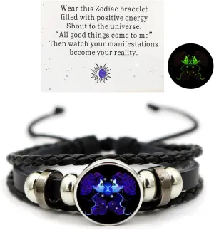 Zodiac Constellation Bracelets Zodiac Guardian Bracelet Vintage Black Leather Bracelet Adjustable Handmade Woven Bracelet Birthday Jewelry for Women Men