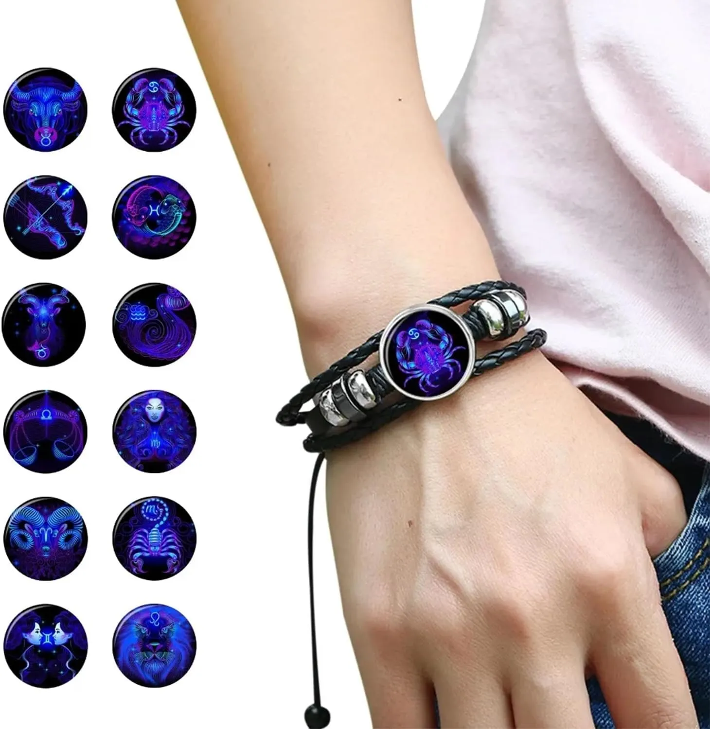 Zodiac Constellation Bracelets Zodiac Guardian Bracelet Vintage Black Leather Bracelet Adjustable Handmade Woven Bracelet Birthday Jewelry for Women Men