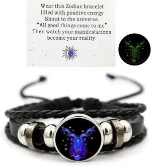 Zodiac Constellation Bracelets Zodiac Guardian Bracelet Vintage Black Leather Bracelet Adjustable Handmade Woven Bracelet Birthday Jewelry for Women Men